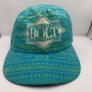 Vintage Lightning Bolt Snapback Hat Made in USA Teal Green Surf Tribal Print Cap